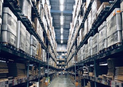 Boxes stacked in a warehouse building